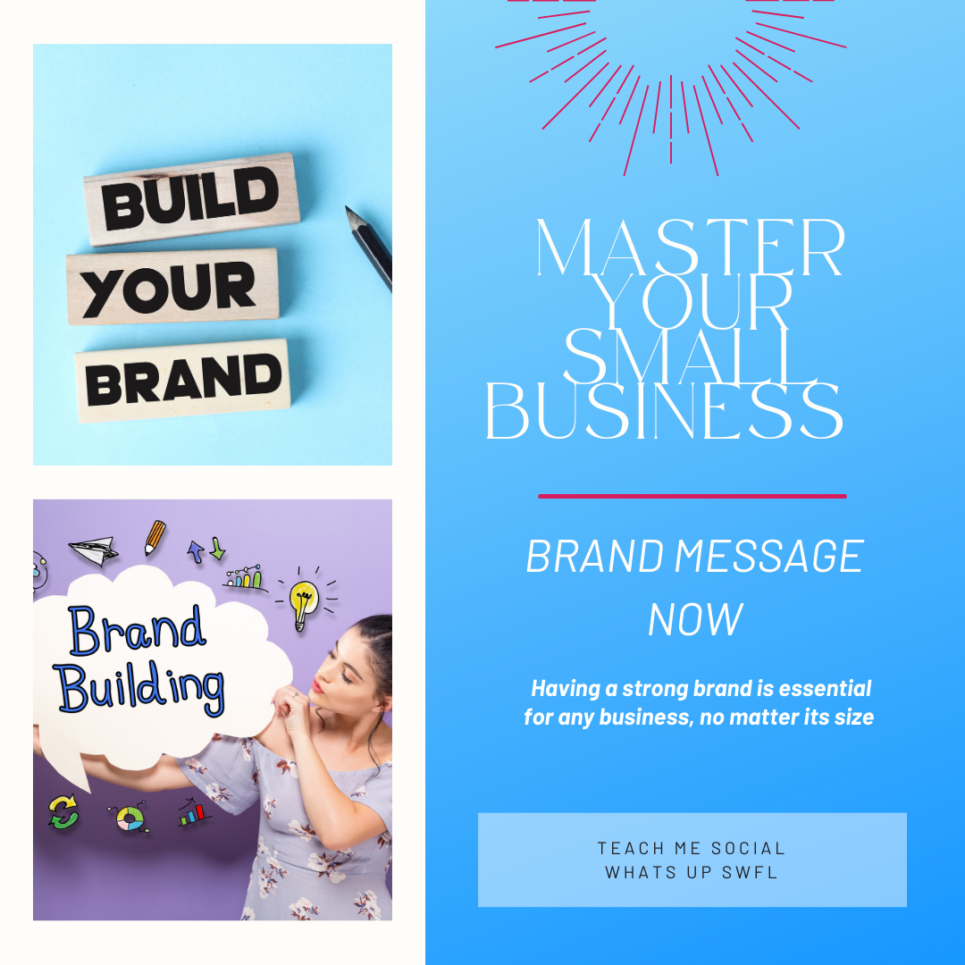 Collage featuring "Build Your Brand" blocks, a woman pointing at "Brand Building" graphics, and text promoting brand message for small businesses.