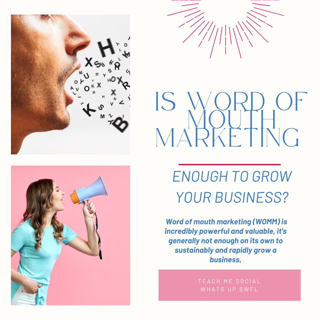 Collage with a man and a woman using a megaphone, overlaid with text about the benefits of word-of-mouth marketing for business growth.