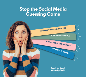 A surprised person stands in front of a graphic about social media topics: strategy, scheduling, and content. Text says "Stop the Social Media Guessing Game.