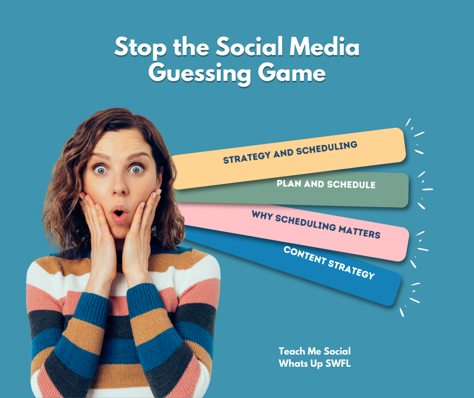 A surprised person stands in front of a graphic about social media topics: strategy, scheduling, and content. Text says "Stop the Social Media Guessing Game.